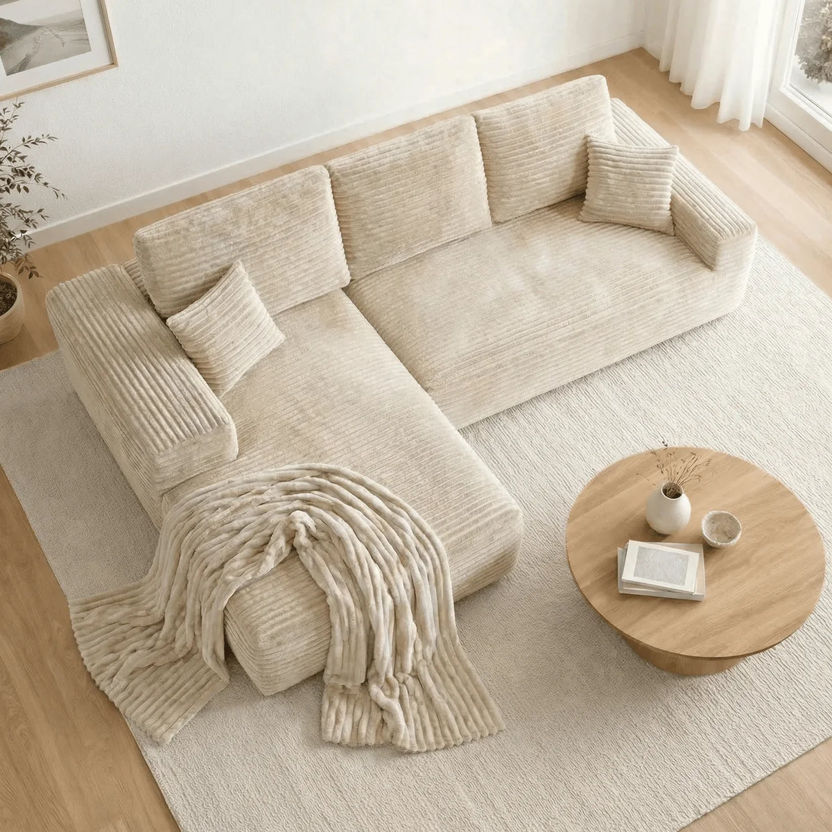 Canapé Compressé Novera Beige Crème avec méridienne et plaid