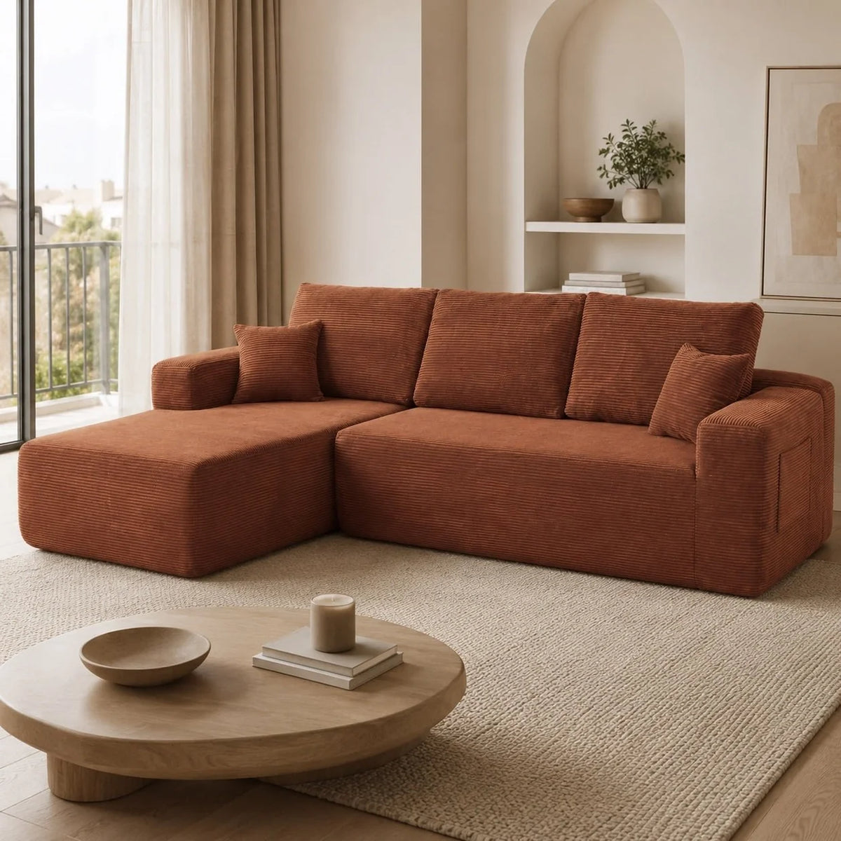 Canapé Compressé Novera Marron – Canapé d’Angle avec Méridienne en Velours Côtelé