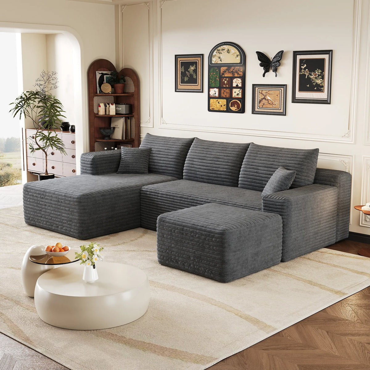 Canapé Compressé Novera Gris – Canapé d’Angle avec Méridienne en Velours Côtelé