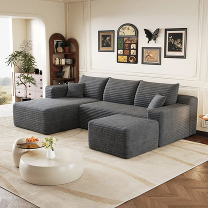 Canapé Compressé Novera Gris – Canapé d’Angle avec Méridienne en Velours Côtelé