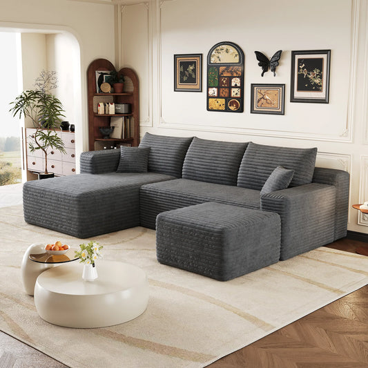 Canapé Compressé Novera Gris – Canapé d’Angle avec Méridienne en Velours Côtelé